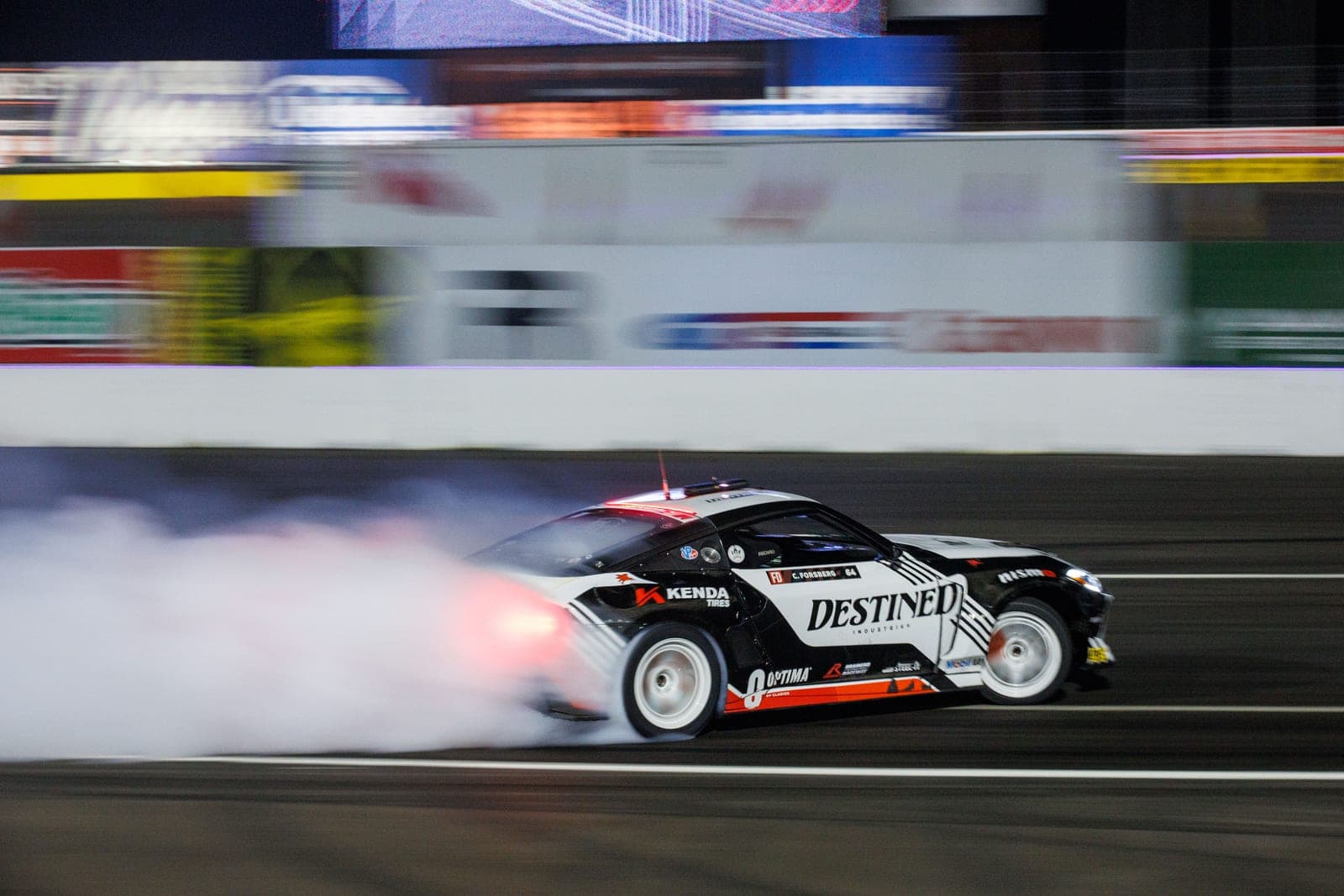 Chris Forsberg's Nissan Z in a night drift run at Formula DRIFT Las Vegas